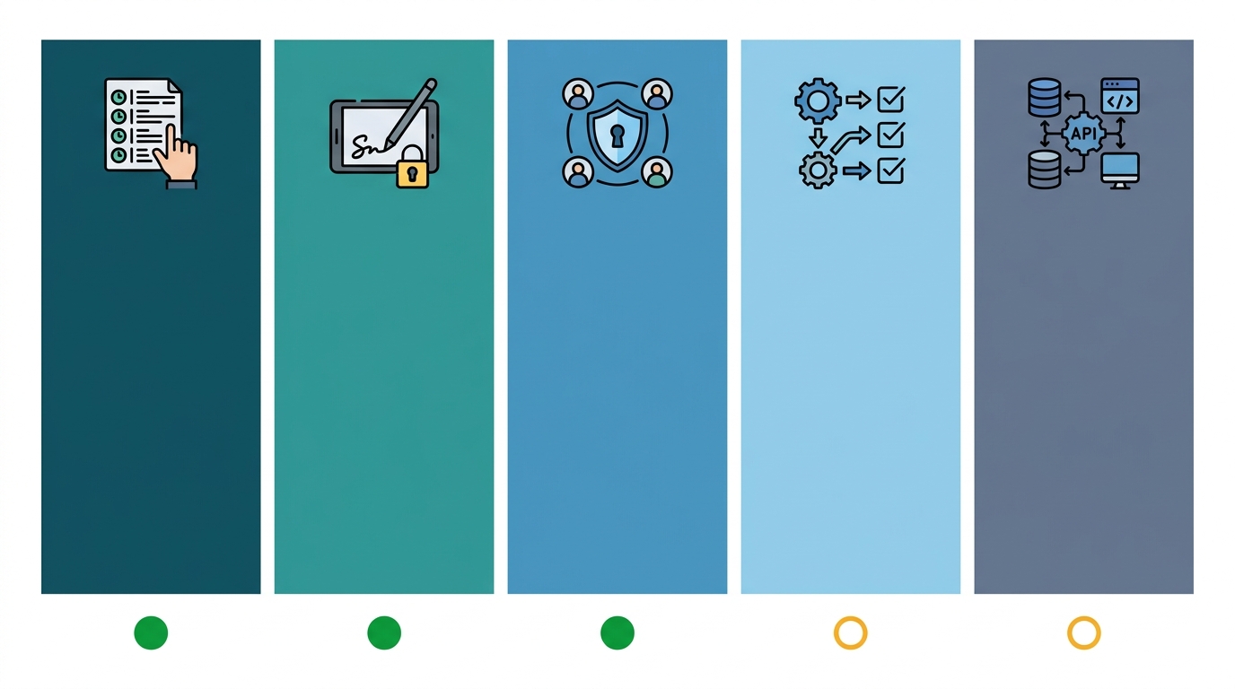 Five-column LIMS evaluation scorecard: audit trail, e-signature, access control columns green; workflow and integration amber.