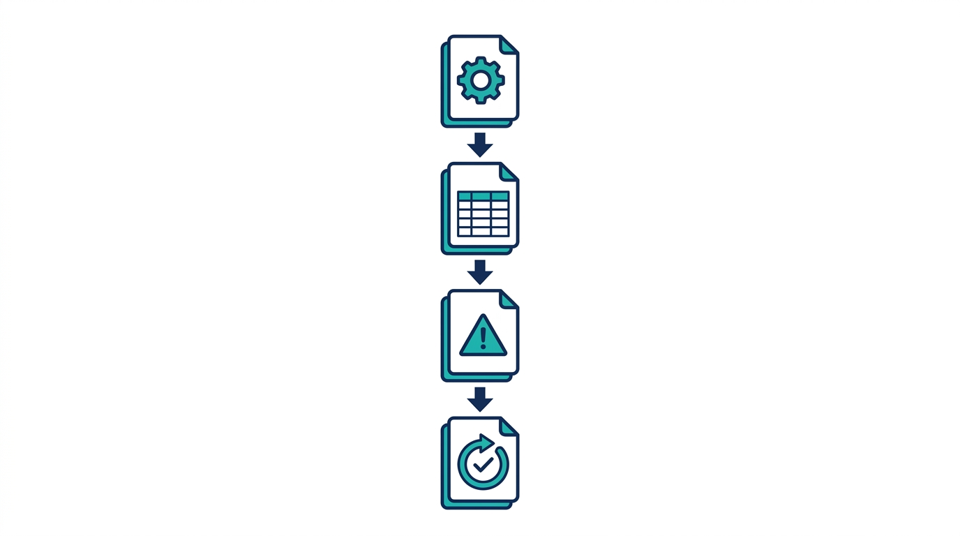 Four-document GDP chain showing SOP (rule), Batch Record (execution), Deviation Report (gap), and CAPA (closure).