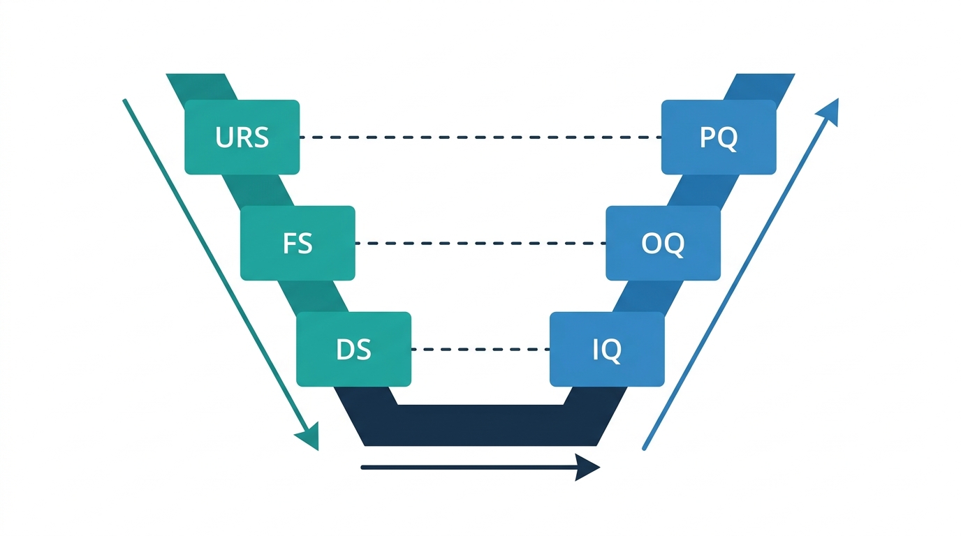 V-model validation lifecycle: URS FS DS descending left arm, Build at base, IQ OQ PQ ascending right arm.