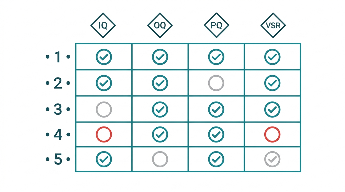 5x4 traceability matrix grid with teal checkmarks showing coverage and two red gaps in URS-to-qualification mapping.